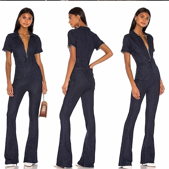 We Wore What Dark Wash Flare Denim Jumpsuit 70’s Boho Zip Up Collared XS - Picture 1 of 15